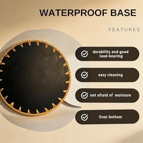 Boho Handwoven Rattan Tray with Mother of Pearl Inlay, 30cm Round Decorative Tray, Wooden Base Serving Tray for Breakfast, Vanity, Coffee Table & Wall Hanging Decor (Size:Middle, Pattern:GreenSun)