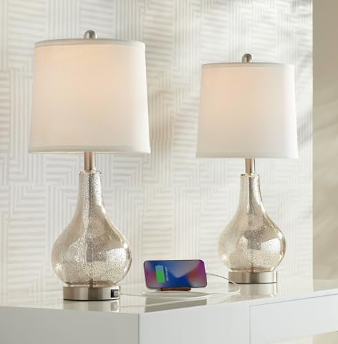 Ledger 21.75" High Table Lamp USB Set of 2 Silver Glass Table Top Dimmers
