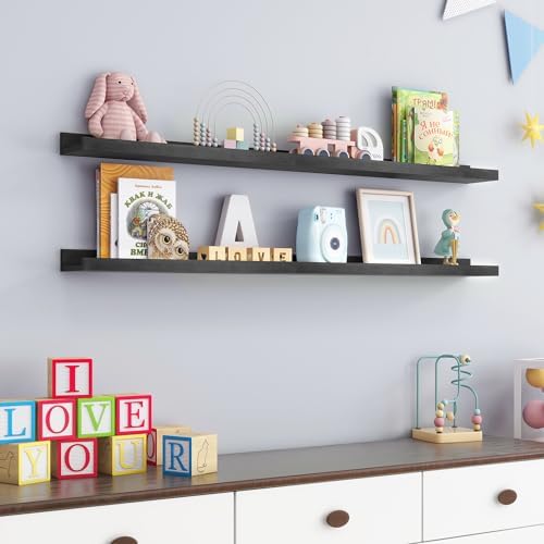 Picture Ledge Shelf for Wall, 48 inch Solid Pine Wood Nursery Book Shelves 2 Packs, Floating Ledge Shelves for Kids' Room Bedroom Bathroom Living Room Photo Frames Office Nursey Wall Decor, Black