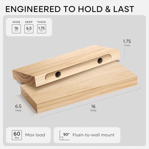 Homeforia 16 Inch Floating Shelves, High-End Solid Pine Wood, Set of 4