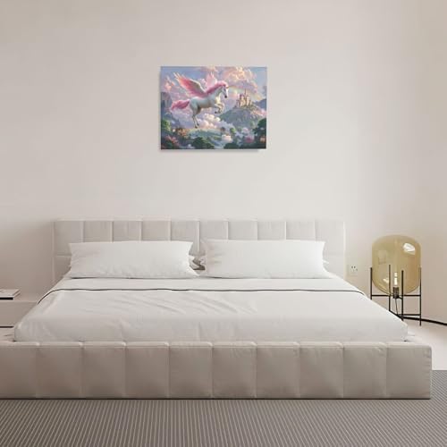 Crekviy Pink Unicorn Wall Art Fantasy Unicorn Bedroom Decor for Girls Magical Canvas Prints Painting Pictures Artwork Decorations for Nursery Room Bathroom Framed Kids Gifts 16"x20"