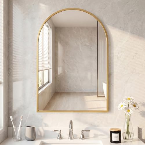 NEWBULIG 22"x30" Arched Wall Mirror, Bathroom Mirrors for Over Sink, Gold | Matte Metal Framed Vanity Mirror with Tempered Glass, Entryway, Living Room, Bedroom