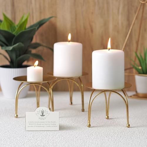 Hosley® Iron Pillar Candle Holders 4 Inch Diameter Tripod Stand Table Centrepiece Perfect for Home Decor, Wedding, Parties, Living Room Pack of 2, Gold