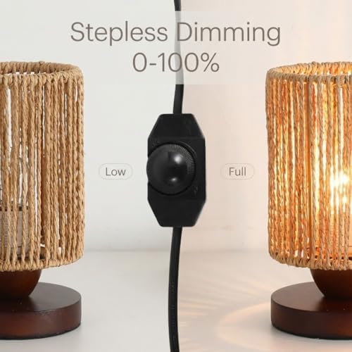 Handmade Rattan Lamp Boho Table Lamp for Bedroom, Stepless Dimming Small Woven Lamps for Night Stands with Warm White LED Bulb, Coastal Boho Lamp for Living Room Reading Nook Office Desk