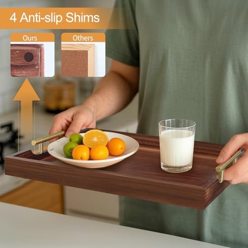 SXNOWS Large Wooden Serving Tray with 2 Sets of Handles,Dark Brown