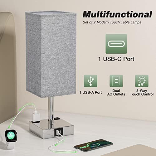 Light Grey Touch Lamps Set for Bedroom - Dimmable, USB C+A, 2 AC Outlets