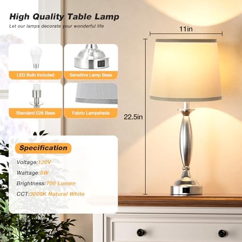 Bedroom Lamps for Nightstand, 3 Way Dimmable Silver Bedside Lamps with USB