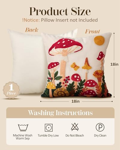 Embroidered Throw Pillow Cover 18x18 Inch - Spring Summer Boho Decorative Pillow Cover with Zipper for Living Room Couch Sofa Bed Aesthetic Design Mushroom Moon Cushion Pillowcase (Pack of 2)