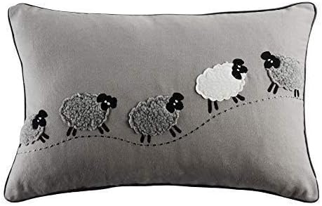 JWH Sheeps Pillow Cover Decorative Animal Embroidery Accent Pillow Case Lumbar Cushion Cotton Pillowcase for Sofa Couch Bed Living Room 12x20 Inch White Gray
