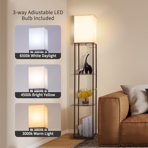 Gupuzm Floor Lamp with Shelves, Modern Square Standing Lamp with 3 Color Temperature Bulb, Corner Display Bookshelf Lamp for Living Room, Bedroom and Office (Brown-9)