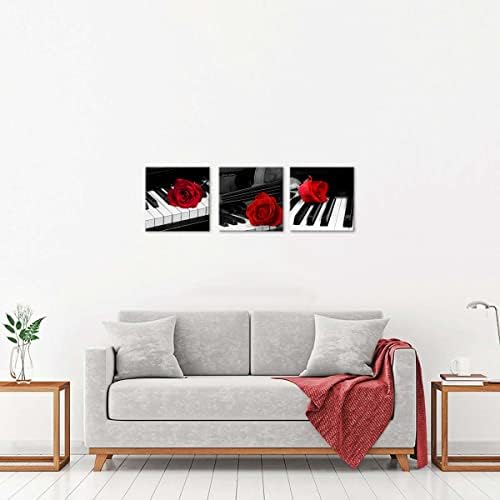 NAN Wind 3 Pcs Modern Canvas Painting Black and White Red Rose Canvas Art Rose and Piano Keyboard Wall Art Music Decorations Flower Picture on Canvas for Home Decor Giclee Framed Artwork for Wall