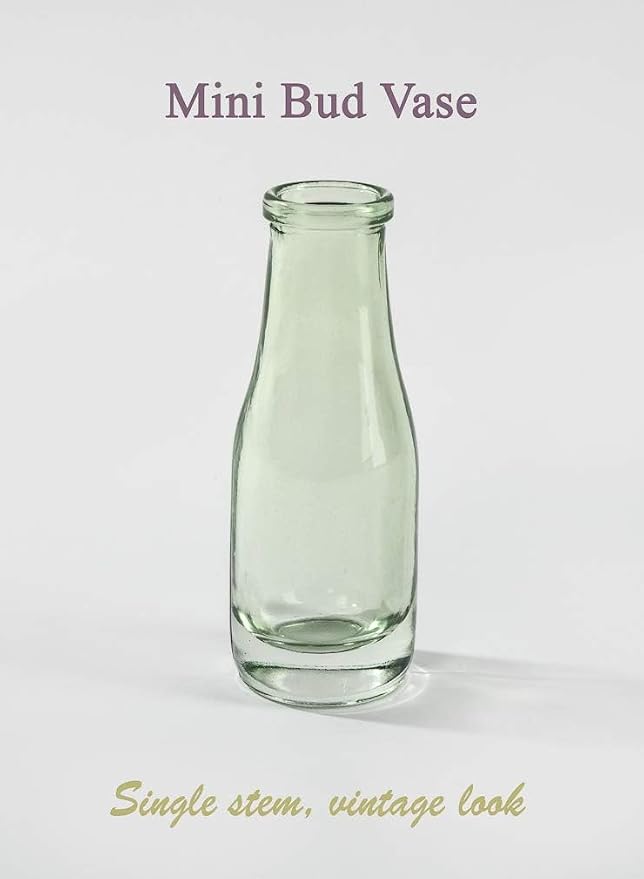 Serene Spaces Living Mini Green Glass Bud Vase, Centerpiece for Wedding Reception, Mini Flower Vases for Home Decor, Vintage Bottle Style Vase, 3.75" Tall & 1.25" Diameter - Pack of 6