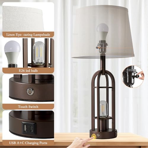 SRJJA 24" Table Lamps for Living Room Set of 2, Rustic Farmhouse 3-Way Dimmable Touch Industrial Bedside Lamps with USB A+C for Bedroom Nightstand，4 Bulbs Included