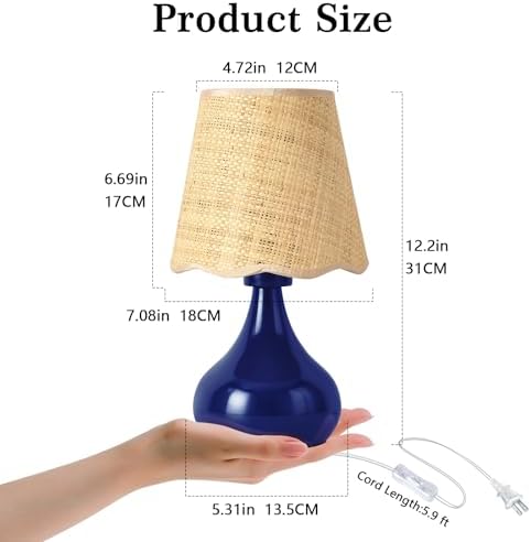 Ziqqeelam Navy Blue Small Table Lamp, Mini Bedroom Lamps for Bedside Nightstand, Rattan Shade Small Table Lamps for Small Spaces for Kitchen Counter, Bookshelf, Home Office, Living Room, Dorm