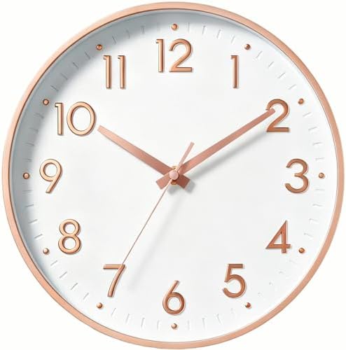 Mosewa Small 8 Inch Wall Clock Battery Operated Silent Non Ticking Analog | Rose Gold modern clock; oversized 3D easy-read dial for kitchen, bedroom & office; 1 AA battery (not included)