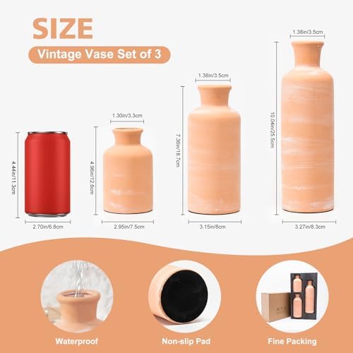 Vintage Ceramic Flower Vase Set of 3, Rustic Farmhouse Vase for Home Decor, Distressed Decorative Vase for Table Entryway Mantel Centerpiece Living Room Bathroom Bedroom (Terracotta)