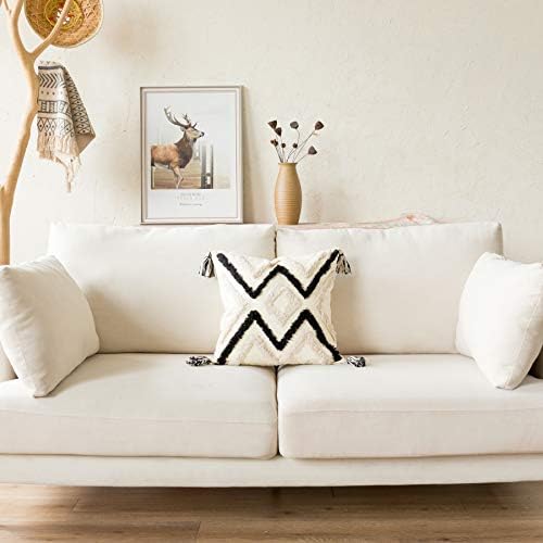 Woven Tufted Boho Throw Pillow Cover, Modern Decorative Geometric Chevron Striped Cushion with Tassels, Farmhouse Tribal Pillowcases for Couch Sofa Bedroom Living Room, 18 x 18 Inches, Black, Ivory