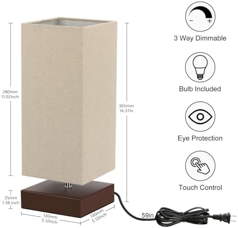 Touch Control Table Lamp Bedside 3 Way Dimmable Touch Desk Lamp Modern Nightstand Lamp with Square Fabric Lamp Shade Simple Night Light for Bedroom Living Room Office, Led Bulb Included