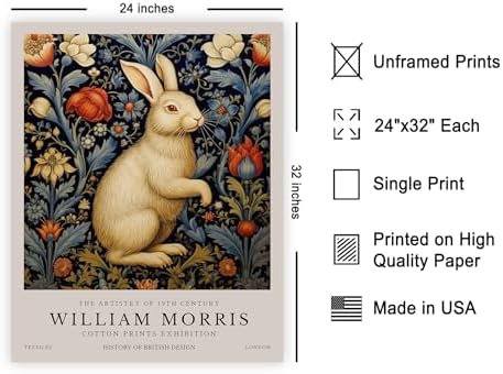 Poster Master William Morris Poster - White Rabbit Print - Flower Art - Animal Artwork - Floral Design - Bunny Illustration - Great Office or Bedroom Decor - 24x32 UNFRAMED Wall Decor