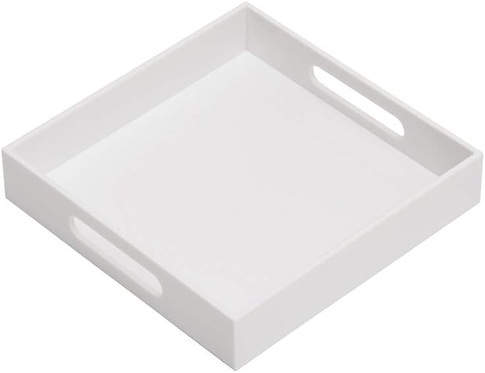 KEVLANG Glossy White Sturdy Acrylic Serving Tray with Handles-10x10Inch-Serving Coffee,Appetizer,Breakfast,Butler-Kitchen Countertop-Makeup Drawer Organizer-Vanity Table,Ottoman Tray-Decorative Tray