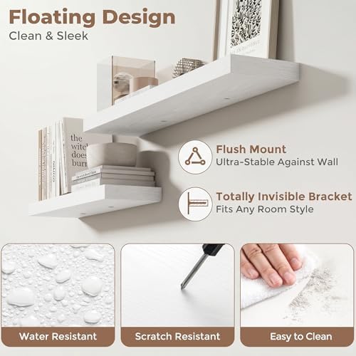 FLYJOE 48 Inch Floating Shelves for Wall Set of 2, 6.5" D Wood Grain Bathroom Shelves with Invisible Brackets, Easy Install Engineered Wood Storage Shelves for Kitchen, Living Room, Bedroom
