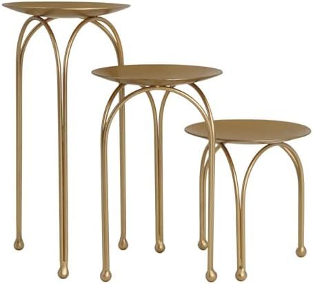 Hosley Style Gold Iron Pillar Candle Holders - Set of 3 Round Tripod Candle Stands, Elegant Metal Decorative Display Risers for Wedding Centerpieces, Home Dining Table, Party & Mantel Decor