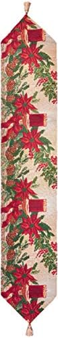 Violet Linen Decorative Christmas Poinsettias Candles Design Tapestry, 13" X 70" Table Runner