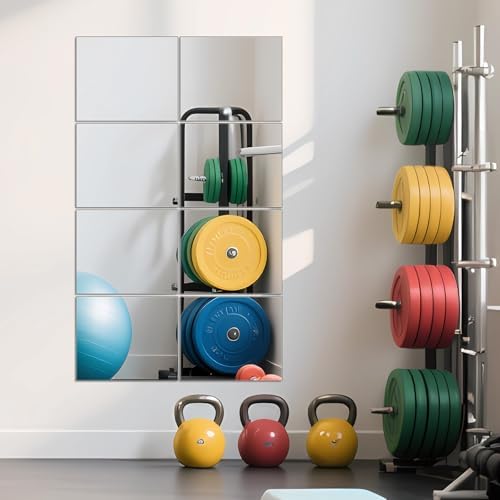 Full Length Mirror Tiles, 12" x 10" x 8PCS Frameless Wall Mounted Mirror | Square Large Wall Mirror Tiles for Home Gym, Bedroom, Door, Bathroom, Frameless Mirror Sets