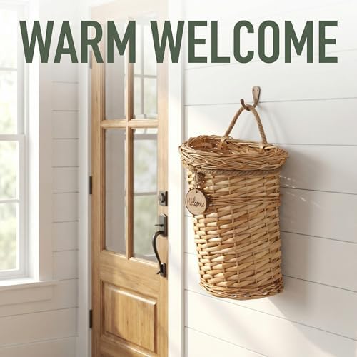 Hiceeden Wicker Hanging Wall Basket, Woven Front Door Flower Basket, Flat Hanging Storage Basket Wall Decor for Home, Garden, Pantry, Farmhouse