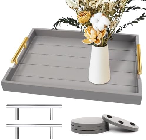 SXNOWS Wooden Serving Tray with 2 Sets of Handles,Gray