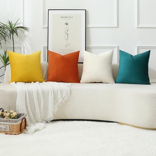 Stellhome Fall Decorative Velvet Throw Pillow Covers Square Soft Cushion Covers for Bed Couch Sofa Bench, 16 x 16 inch (40 x 40 cm), Burnt Orange, Pack of 2