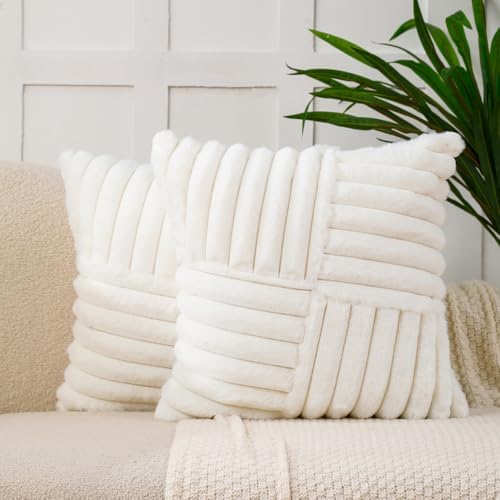 All Smiles Cream White FauxFur Decorative Throw Pillow Covers 18x18 Set of2