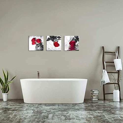 NAN Wind Canvas Print 3 Pcs Black White and Red Wall Art Rose Wall Decor Abstract Decorations Flower Picture on Canvas for Home Decor Stretched and Framed 12X12inches