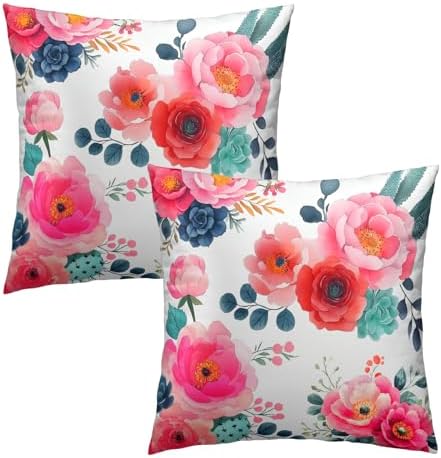 Watercolor Peony Throw Pillow Covers 18x18 Inch Set of 2 Pink Floral Girly Green Leaves Decorative Pillow Case Spring Summer Flower Square Cotton Cushion Cover for Home Couch Bed
