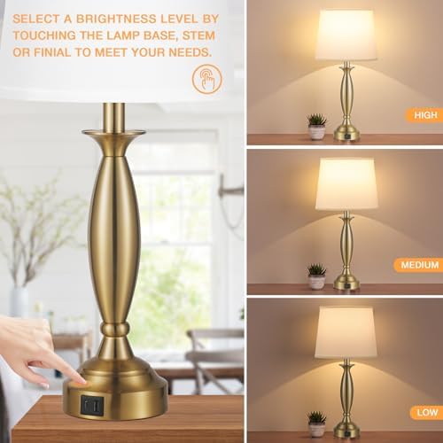 Bedroom Lamps for Nightstand, 3 Way Dimmable Gold Bedside Lamps with USB
