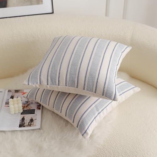 Cethom Decorative Boho Throw Pillow Covers, Farmhouse Textured Pillow Case, 22 x 22 Inch Set of 2, Chair Sofa Bedroom Living Room Home Decor Couch Cushion Case, Classic Blue and Beige Striped