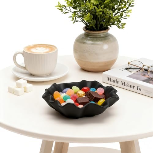 Small Black Ceramic Decorative Bowl, Modern Home Decor Centerpiece 7.8 Inches Key Jewelry Ruffle Fluted Scalloped Bowl with Wavy Edge