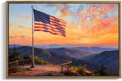 American Flag Framed Canvas Wall Art, 4th of July Patriotic Canvas Prints | USA Flag with Ocean Sunset Landscape Poster Print, Independence Day Wall Decor for Bedroom Living Room 24×36in