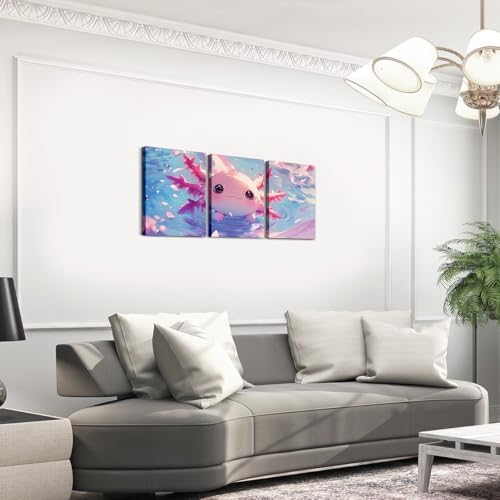 Feelyou Kids Cute Axolotl Canvas Wall Art Living Room Bedroom Cartoon Salamander Picture Wall Decor Girls Princess Wall Painting Posters and Prints Pink Ocean Sealife Bathroom Wall Art 12"x16" 3Pcs