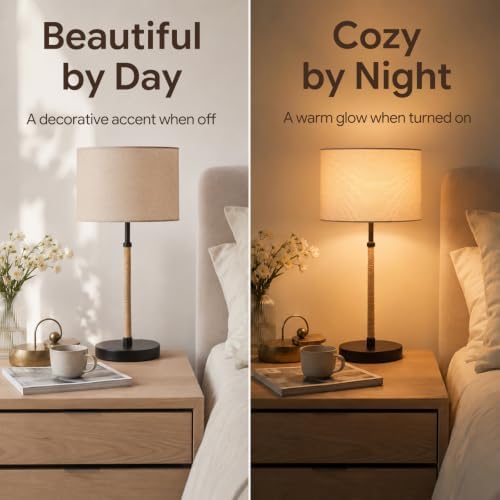 BySea Nordic Table Lamp, Bedside Lamp with Linen Shade and Rope Accent