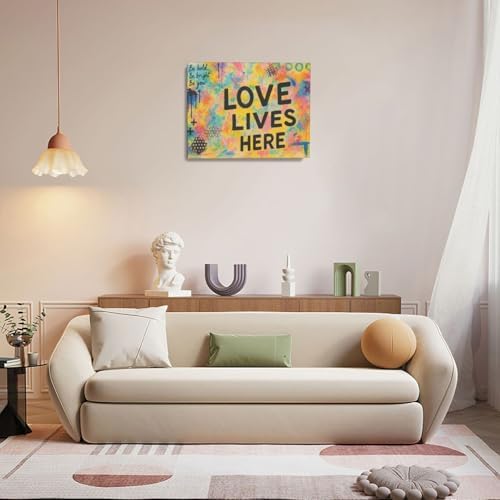 Crekviy Banksy Wall Art Street Graffti Wall Decor Romantic Love Canvas Prints Painting Love Lives Here Artwork Decorations for Bathroom Bedroom Living Room Framed Gifts 16"x20"