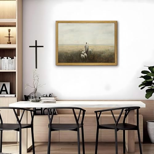 Wood Framed Jesus Wall Art, Christian Canvas Wall Decor, Jesus Leaves the 99 Sheep Poster Print Picture, Lost Lamb Religious Artwork Oil Painting for Living Prayer Room Bedroom 16x24 inch
