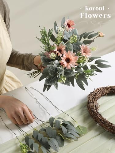 Artificial Greenery Stems Box Set, 33pcs with 7 Kinds of Faux Greenery Picks for DIY Bridal Bouquets Wedding Floral Arrangement Table Centerpieces(Green & Pink)