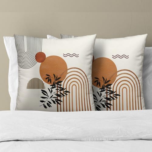 Boho Throw Pillow Covers 18x18 Inch Set of 2 Mid-Century Modern Cushion Case Geometric Tropical Leaf Sun Decorative Bohemian Pillowcase for Home Sofa Couch Patio