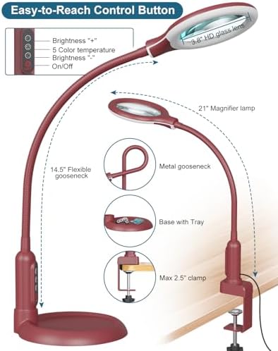 12X Magnifying Glass with Light and Stand, Real Glass, LED 5 Color Modes, Brightness Stepless Dimming Lighted Magnifier Hands Free, Flexible Gooseneck Desk Lamp with Clamp for Close Work, Craft, Red