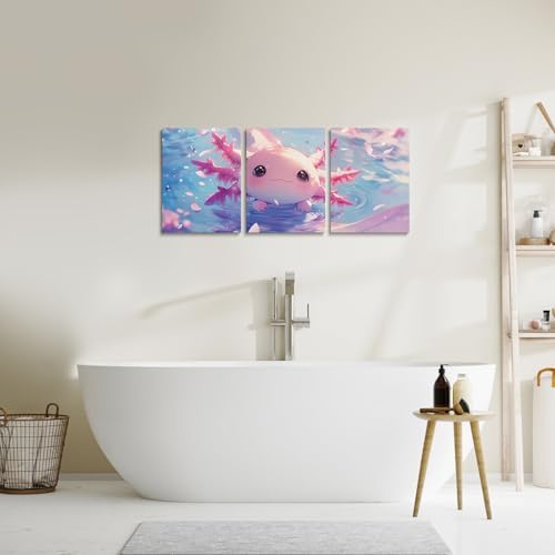 Feelyou Kids Cute Axolotl Canvas Wall Art Living Room Bedroom Cartoon Salamander Picture Wall Decor Girls Princess Wall Painting Posters and Prints Pink Ocean Sealife Bathroom Wall Art 12"x16" 3Pcs