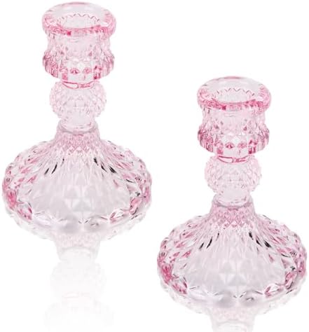 Glass Candle Holder, 2PCS Decorative Candle Sticks Pillar Candle Stand for Formal Events Wedding Party Table Centerpieces Home Decoration, Pink