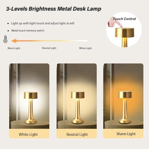 HPUFKOT Portable LED Table Lamp, 3-Levels Brightness Metal Desk Lamp,3 Color Touch Control Rechargeable Lamp, Night Light,USB Outlet Extender Lamp,USB Ports Bedside Lamp