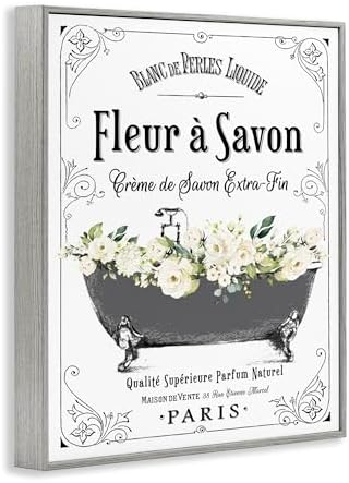 Stupell Industries 'Fleur a Savon Vintage Parisian Bathroom Floral Tub', Framed Giclee Art, Gray, 16 x 20 Inches, Easy to Hang and Sturdy, Made in USA, by Lettered and Lined