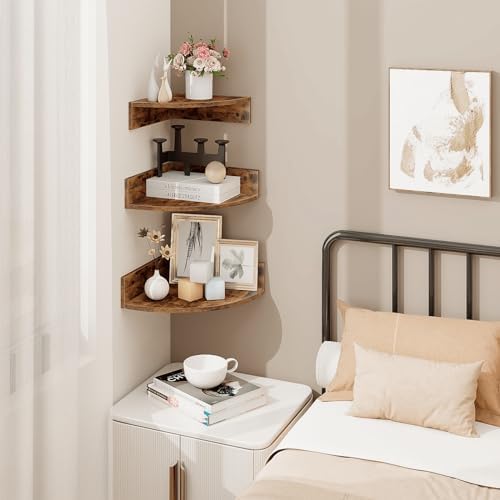 Homode Corner Shelf Wall Mount, Set of 3 Floating Corner Shelves with Cord Hole, 3 Tier Wood Wall Display Shelf, Storage for Bathroom Living Room Kitchen Bedroom, Rustic Brown and Black
